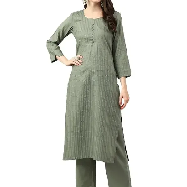Anarva Women's Navy Cotton Blend Stripes Printed Straight Kurta with Pant (HRKB0048DBLUE_XS)