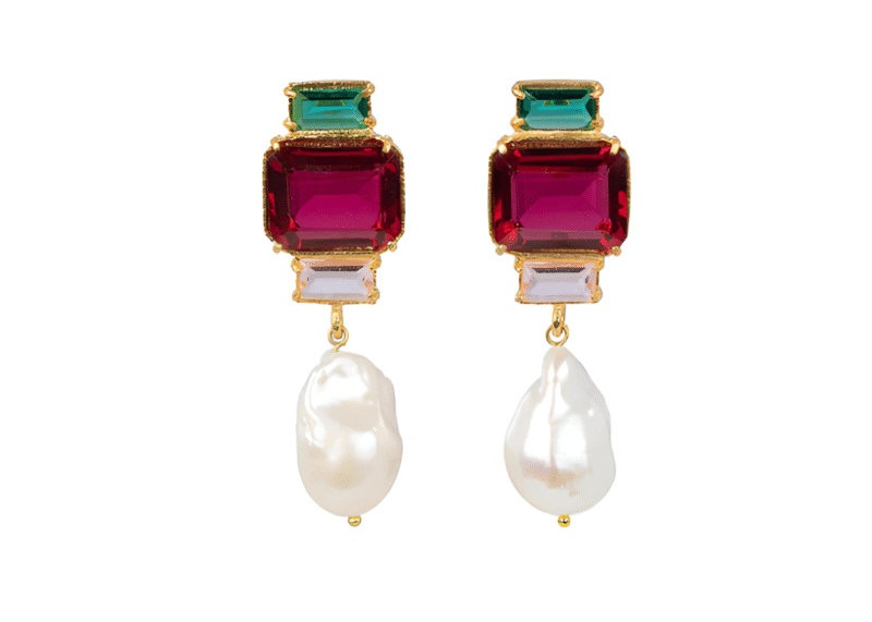 Fuschia & Green Crystals with a Pearl Drop. Gold tone.