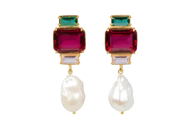 Fuschia & Green Crystals with a Pearl Drop. Gold tone. - Image 2