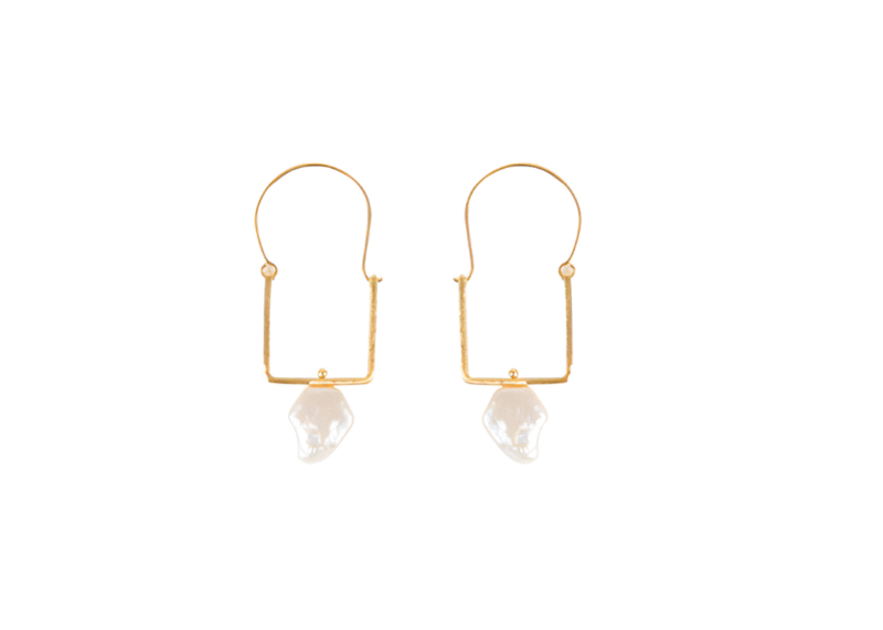 Square Hoops with Baroque Pearl, Gold tone. Handmade - Image 3